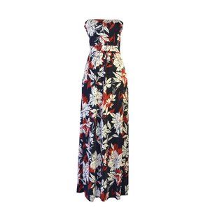 Fantastic Fawn Navy Strapless Floral Maxi Dress with Red and White Print